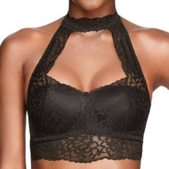 Victoria's Secret Other - Victoria's Secret Pink Push Up Lace Hi-Neck Halter Padded Bra Large Women Black
